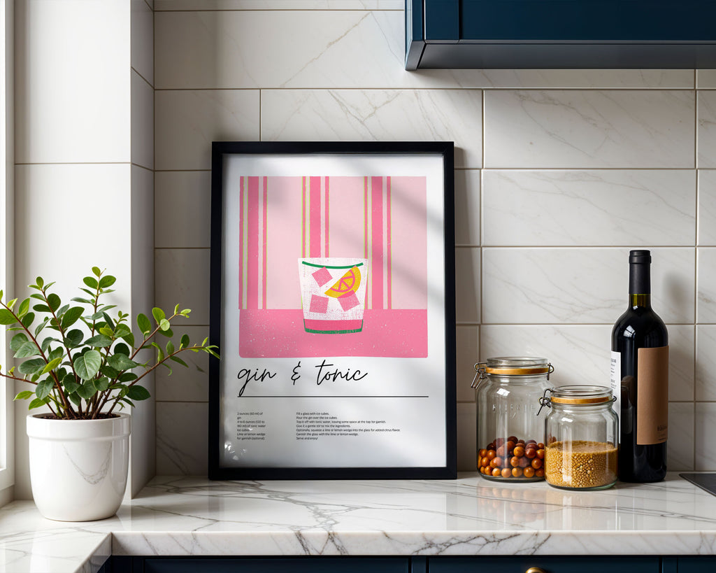 A4 Kitchen Print - Handwritten 'gin & tonic' text with recipe instructions below illustration