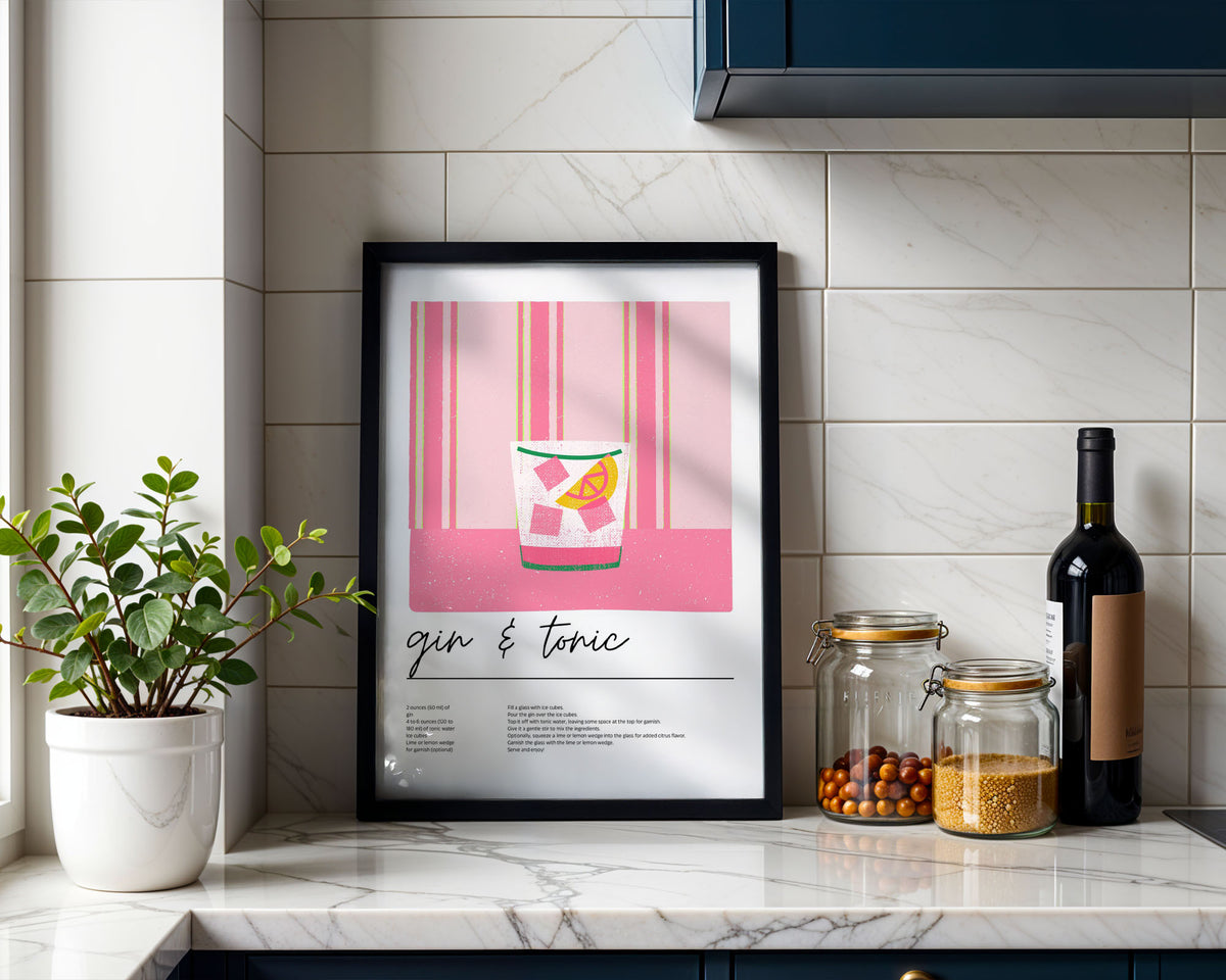 A4 Kitchen Print - Handwritten 'gin & tonic' text with recipe instructions below illustration