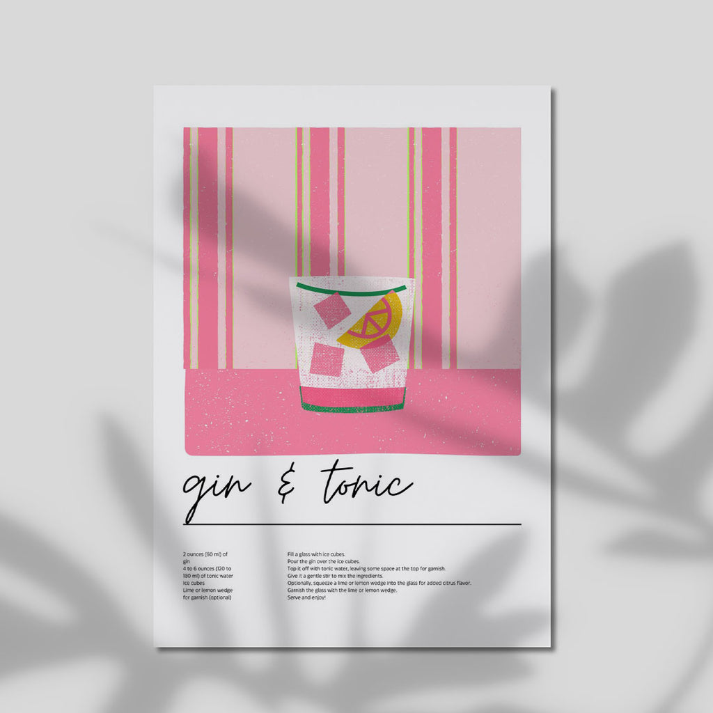 A4 Kitchen Print - Modern bar art with striped background and cheerful drinks illustration