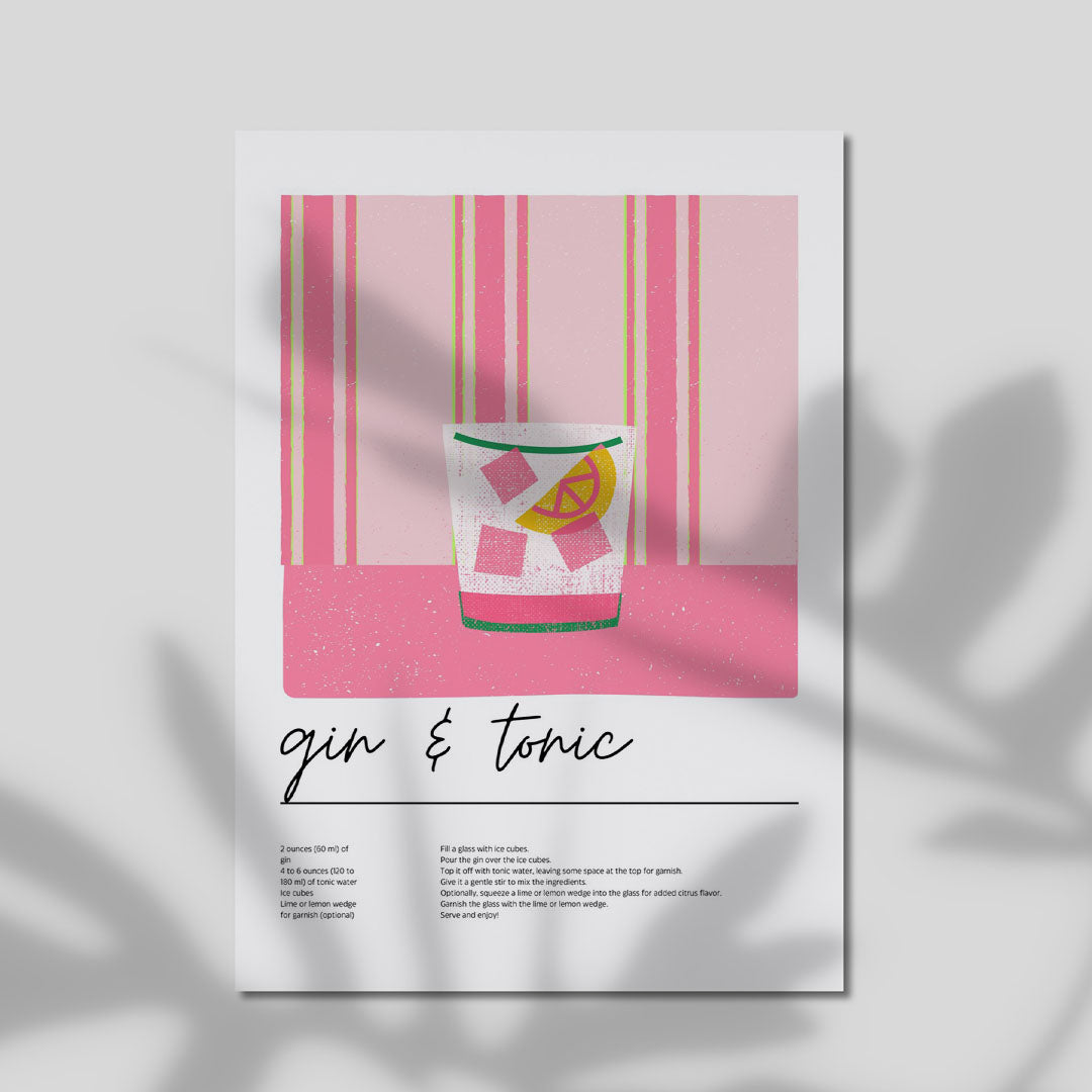 A4 Kitchen Print - Modern bar art with striped background and cheerful drinks illustration