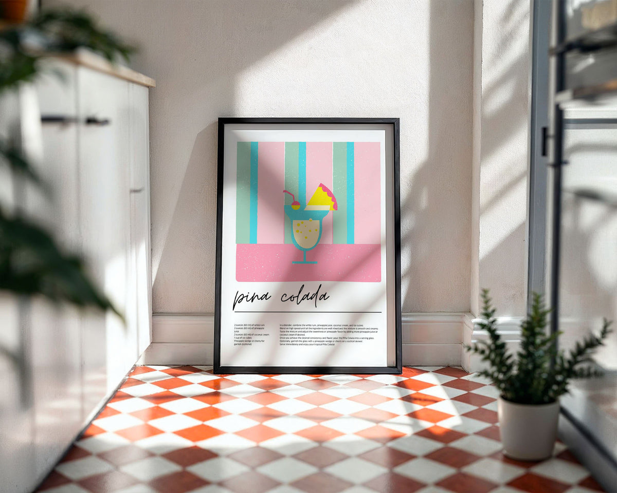 Lifestyle Frames Kitchen - Piña colada print with candy-striped straw and cherry garnish on pink background