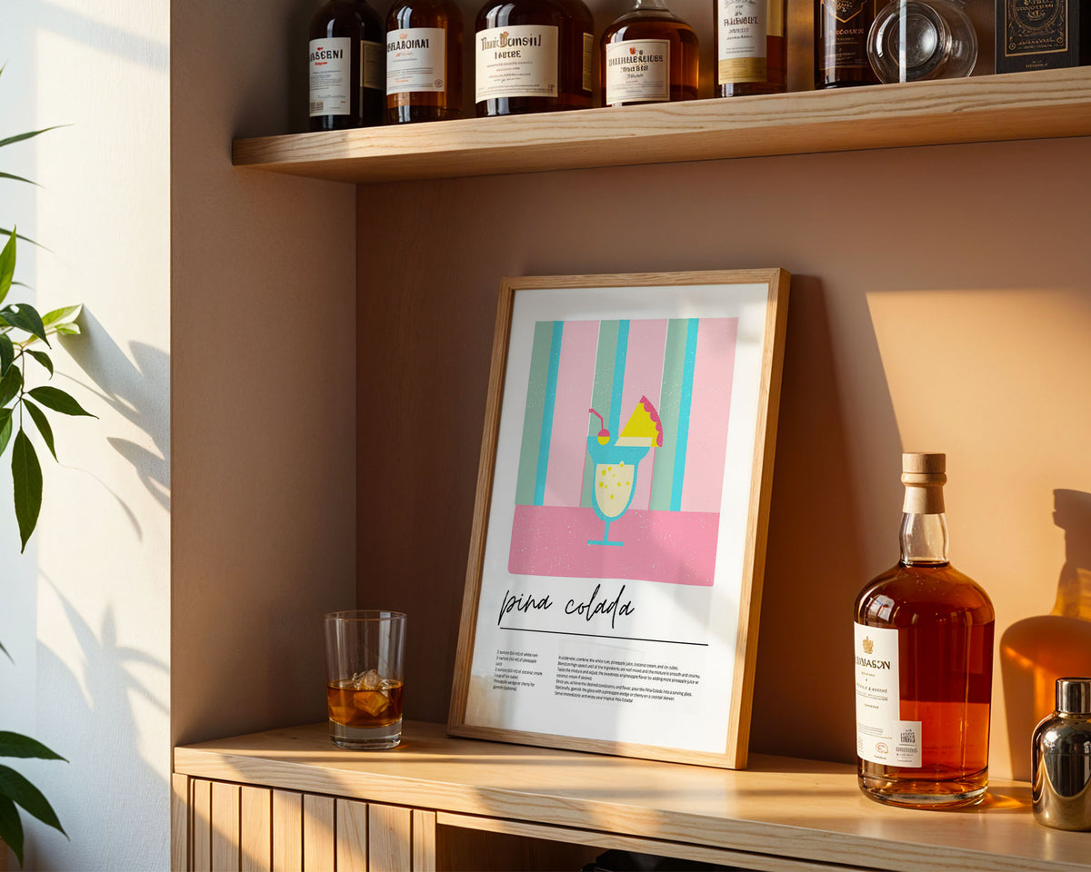 Lifestyle Frames Kitchen - Framed retro bar artwork showing piña colada in turquoise, yellow and mint tones