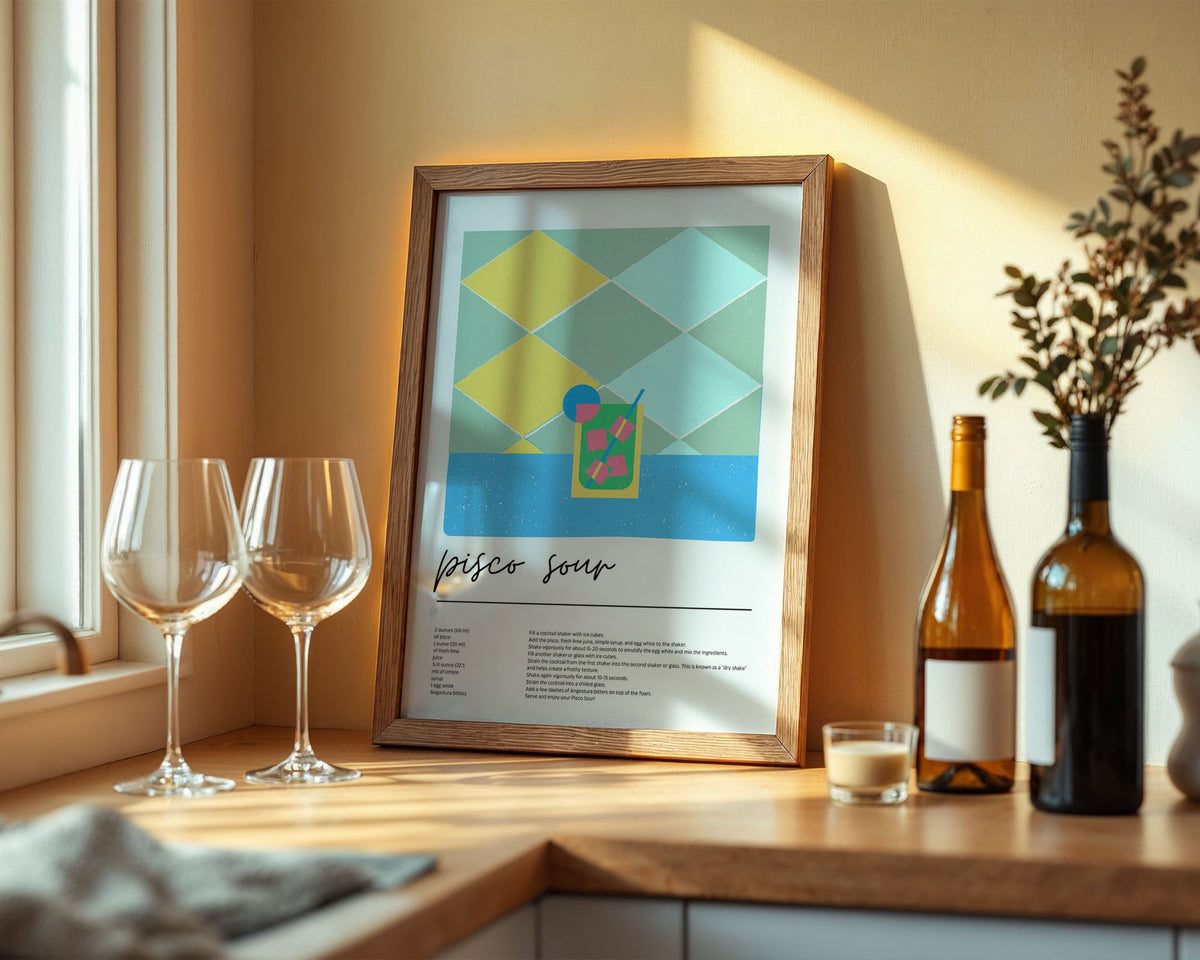 A4 Poster Framed - Retro pisco sour artwork with geometric diamonds and cocktail glass