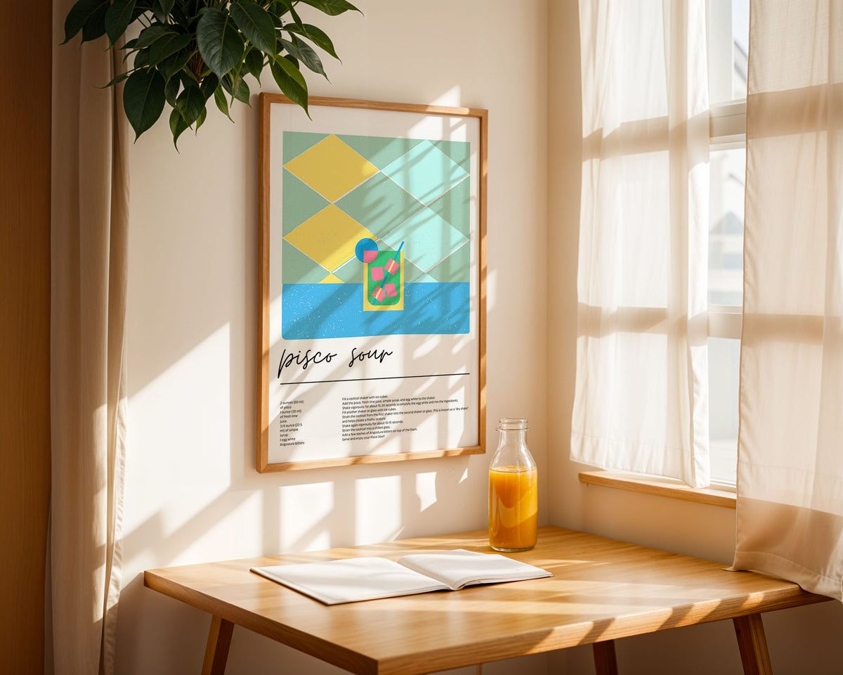 A4 Poster Framed - Vibrant pisco sour recipe print on matte paper in kitchen setting