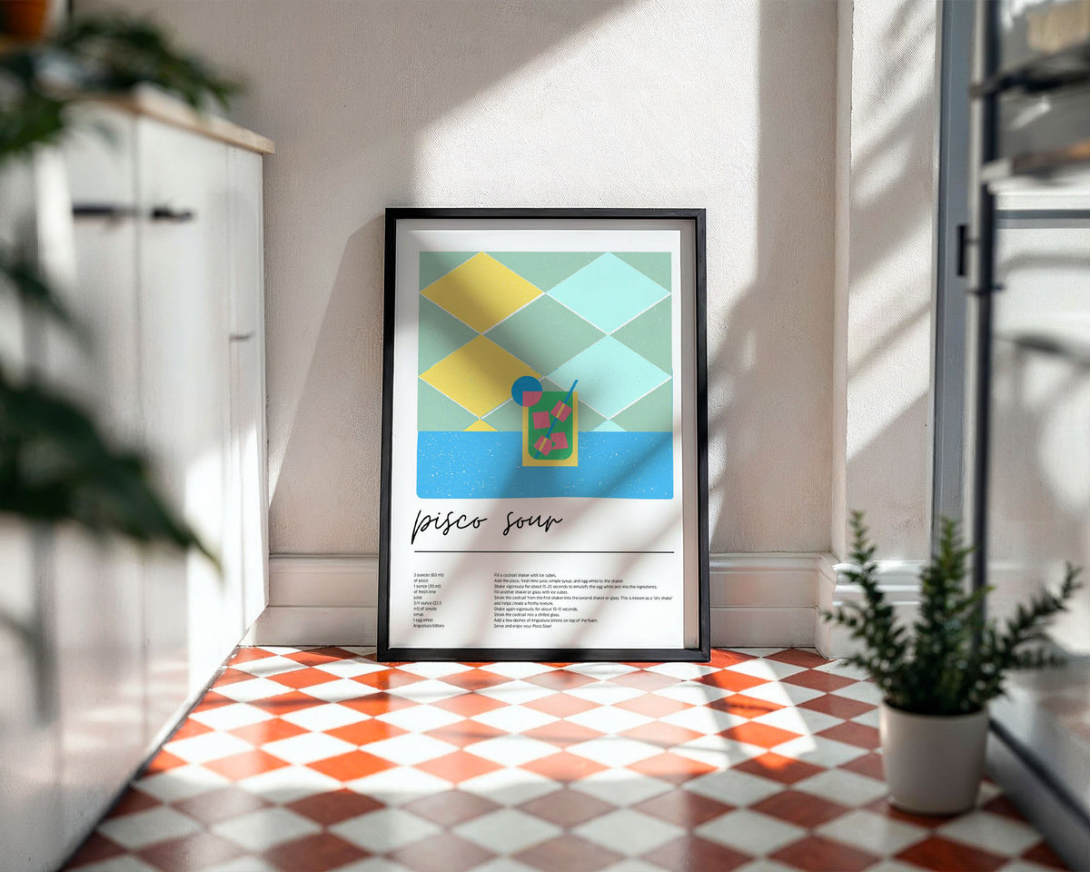 A4 Poster Print - Geometric cocktail art featuring pisco sour with recipe details below