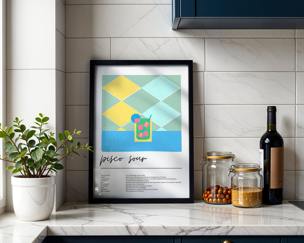 A4 Poster Unframed - Modern retro pisco sour illustration in yellow, blue and sage tones