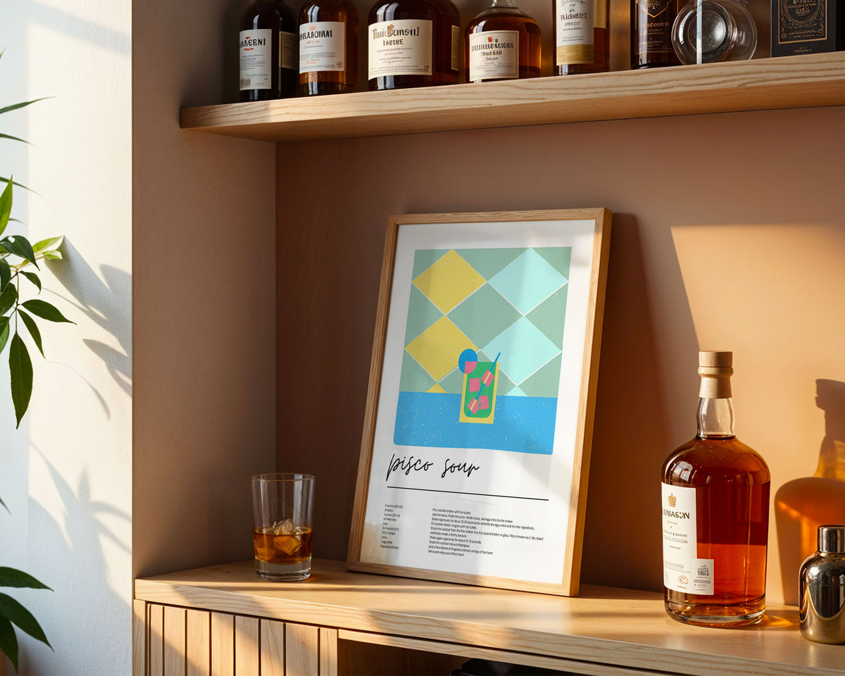 A4 Poster Print - Close-up of pisco sour cocktail artwork with pink and green ice cubes