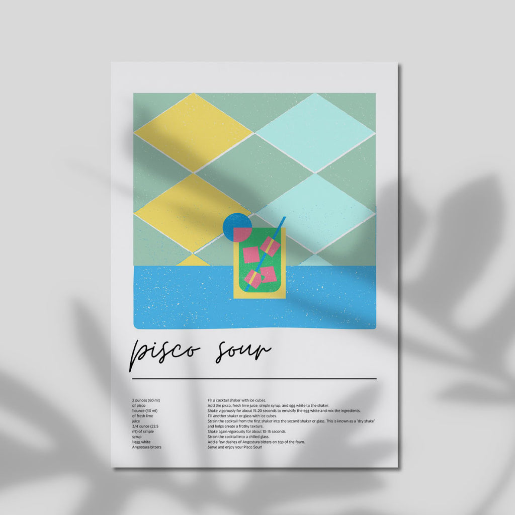 A4 Poster Framed - Complete pisco sour recipe and illustration displayed as kitchen art