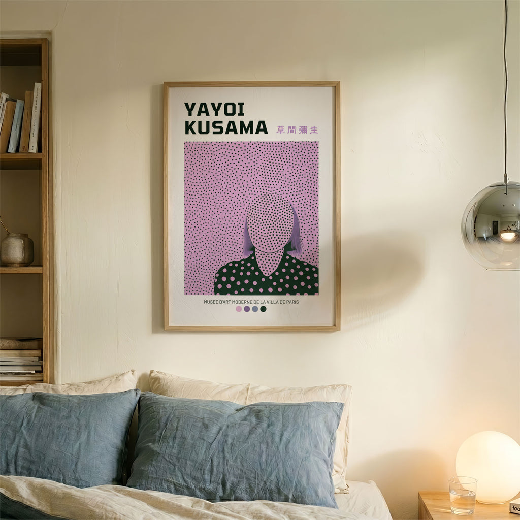 A-Sized Bedroom Portrait - Polka dot pattern poster with figure in forest green and lavender tones