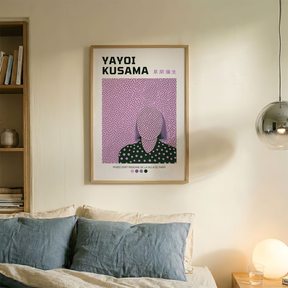 A-Sized Bedroom Portrait - Polka dot pattern poster with figure in forest green and lavender tones