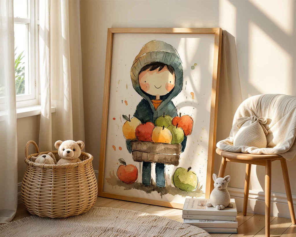 Autumn Harvest Child with Apples – Nursery Poster