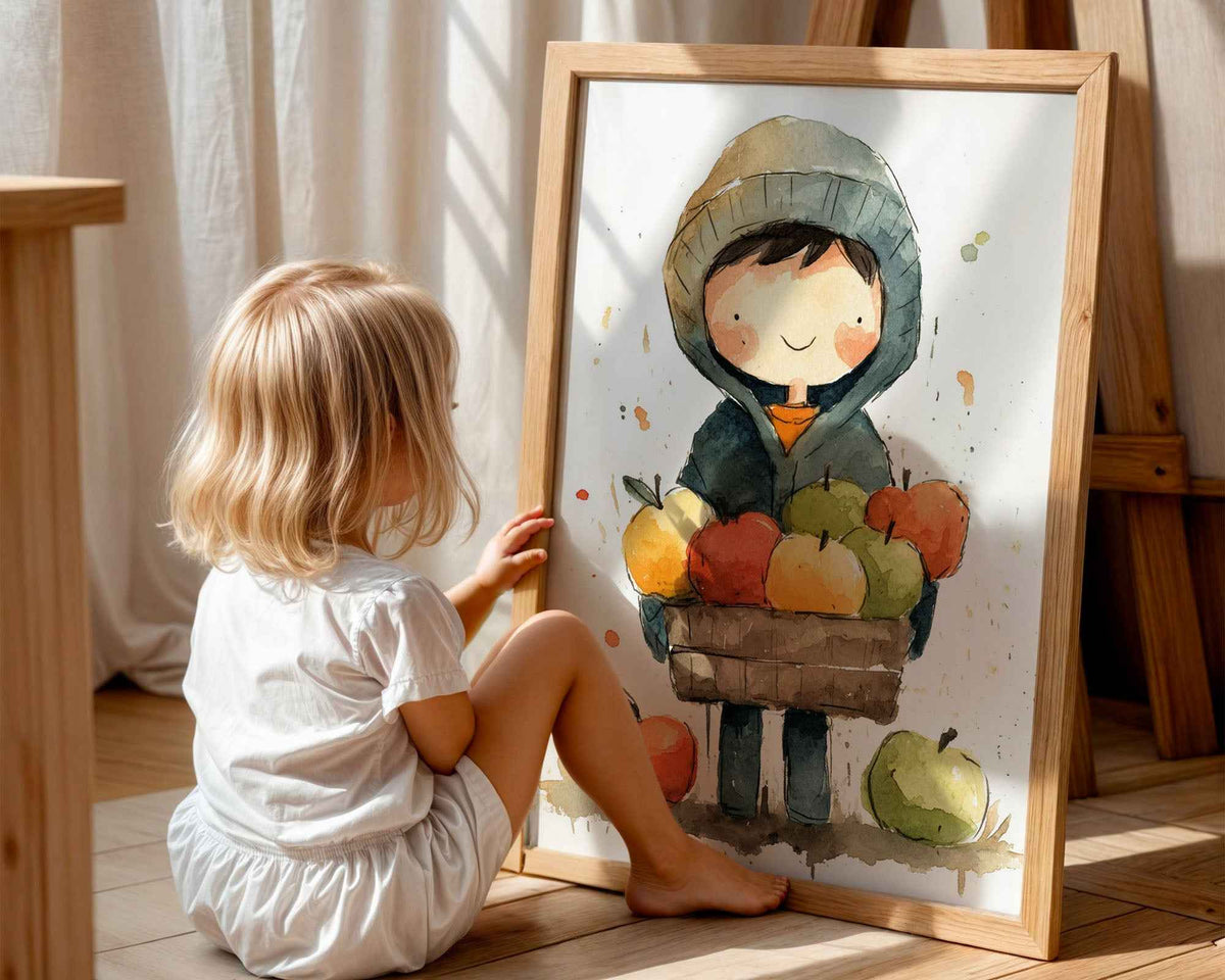Autumn Harvest Child with Apples – Nursery Poster