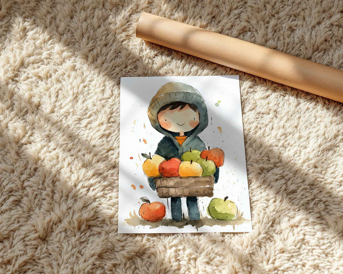 Autumn Harvest Child with Apples – Nursery Poster