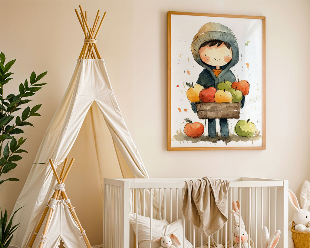 A-Sized Print Nursery - Child holding fruit basket in muted teal and orange palette on nursery wall art