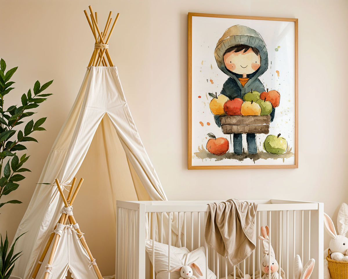 A-Sized Print Nursery - Child holding fruit basket in muted teal and orange palette on nursery wall art