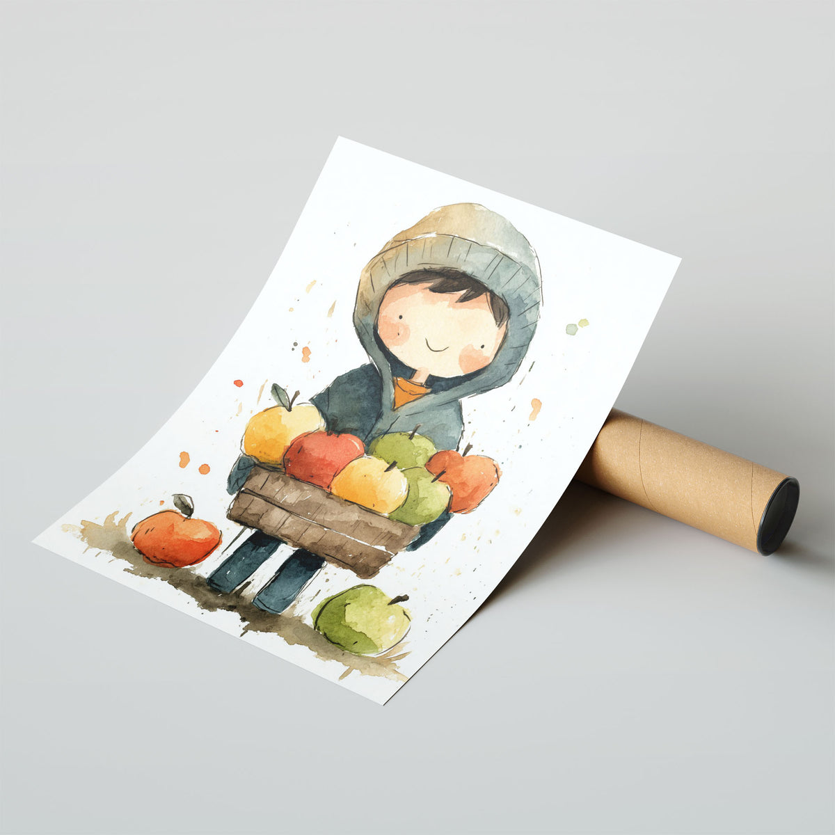 A-Sized Print Nursery - Gentle watercolour scene of smiling child with harvest apples in artistic splashes