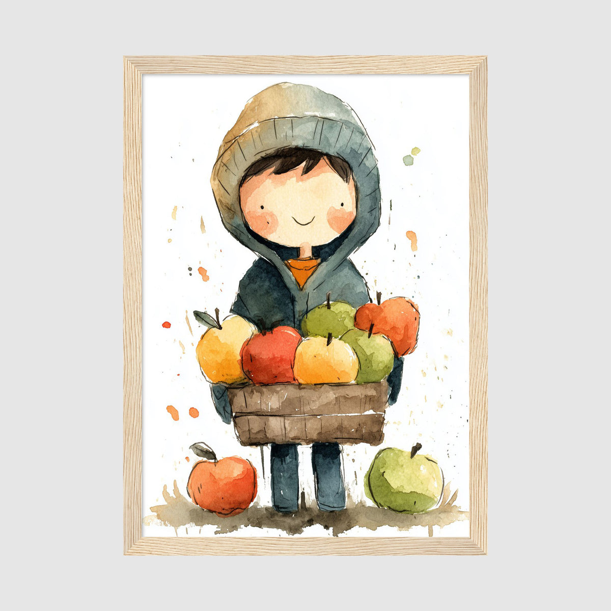 A-Sized Print Nursery - Autumn-themed poster showing child in hoodie with colourful apple basket illustration
