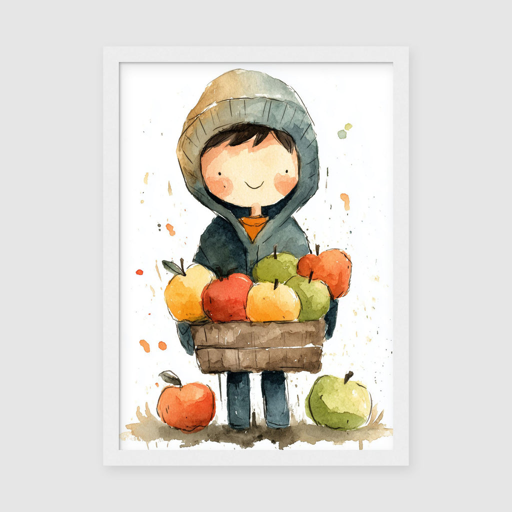 A-Sized Print Nursery - Soft watercolour portrait of child carrying wooden apple basket for nursery decor