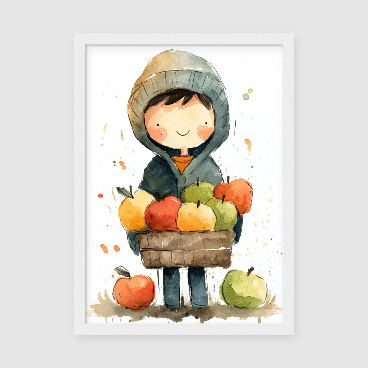 A-Sized Print Nursery - Soft watercolour portrait of child carrying wooden apple basket for nursery decor