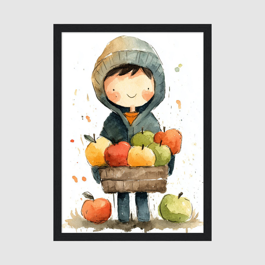 A-Sized Print Nursery - Charming harvest artwork featuring child and apples in warm watercolour style