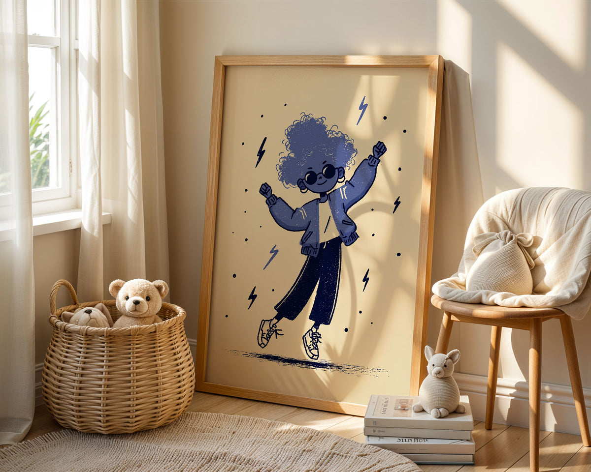 A-Sized Print Nursery - Child with curly blue hair celebrating under lightning bolts