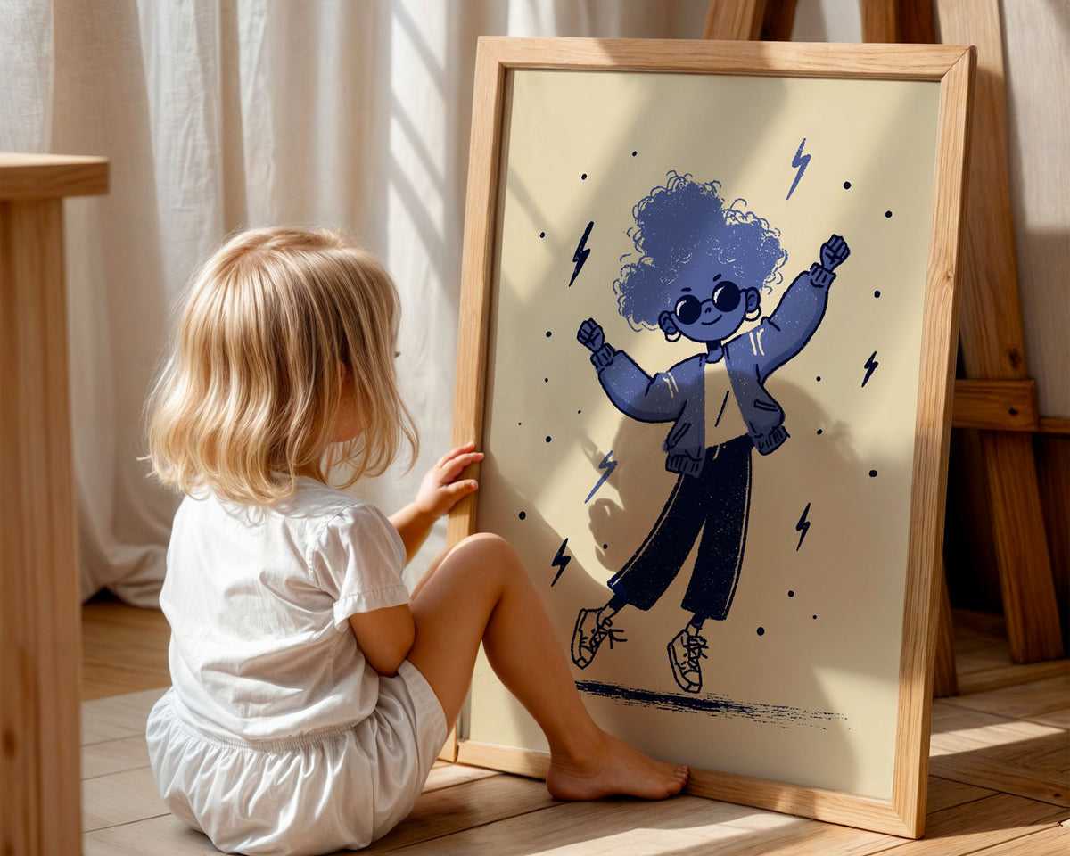 A-Sized Print Nursery - Joyful character in navy outfit with fists raised to sky