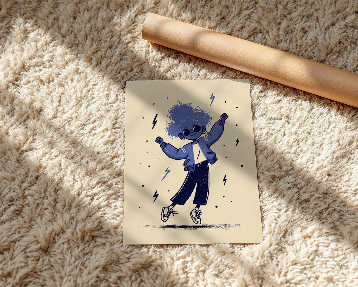 A-Sized Print Nursery - Happy kid surrounded by electricity and scattered dots