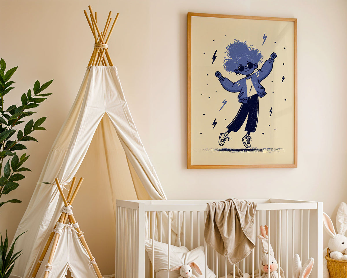 A-Sized Print Nursery - Playful illustration on cream background with blue tones