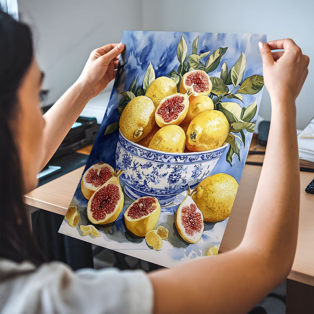 2:3 Poster 4x6 - Yellow figs and green leaves in a blue white ceramic bowl against blue watercolour background