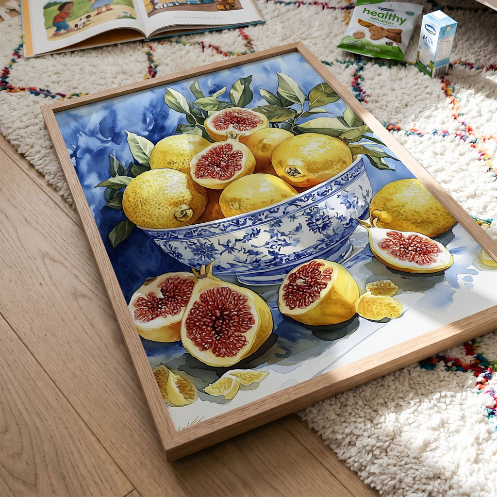 2:3 Poster 4x6 - Vibrant yellow figs with red interiors scattered around a decorative blue and white bowl