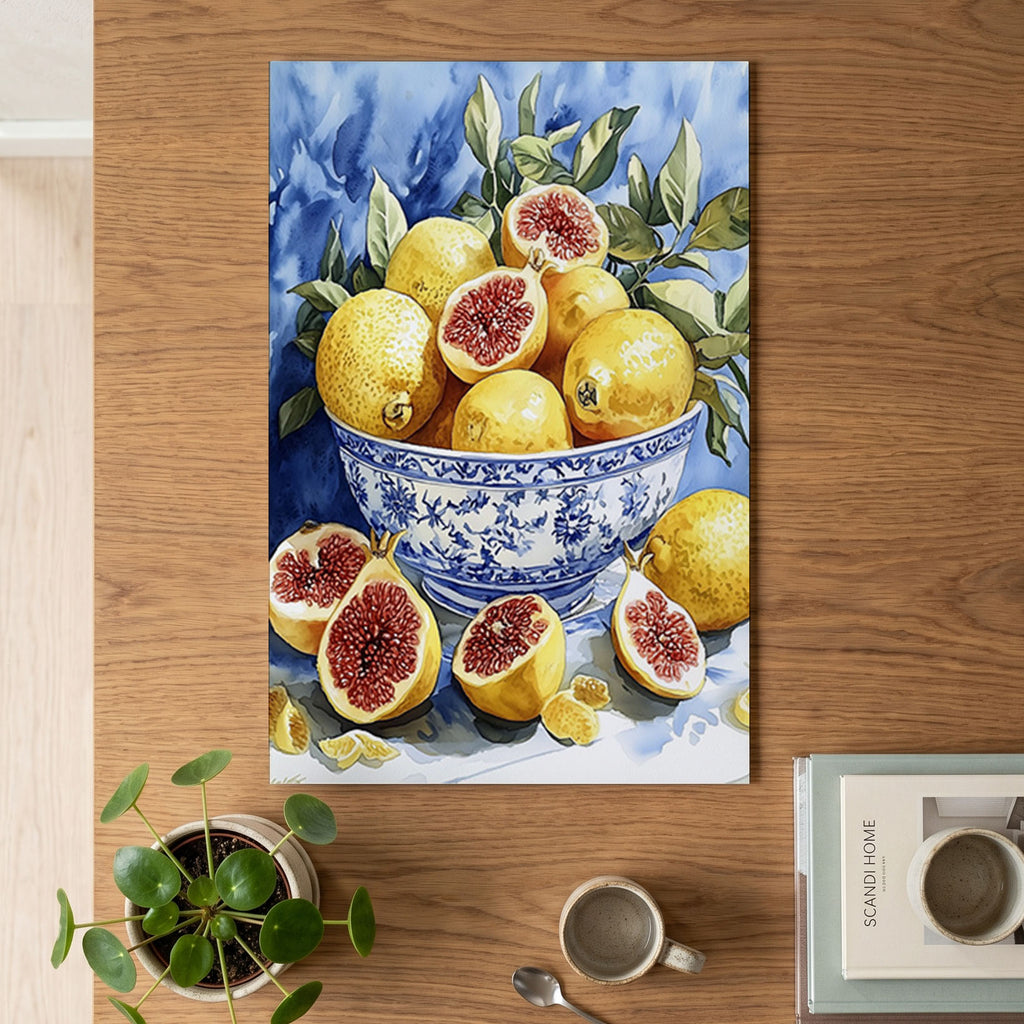 2:3 Poster 4x6 - Watercolour painting of fresh yellow figs on leaves displayed in ornate ceramic bowl