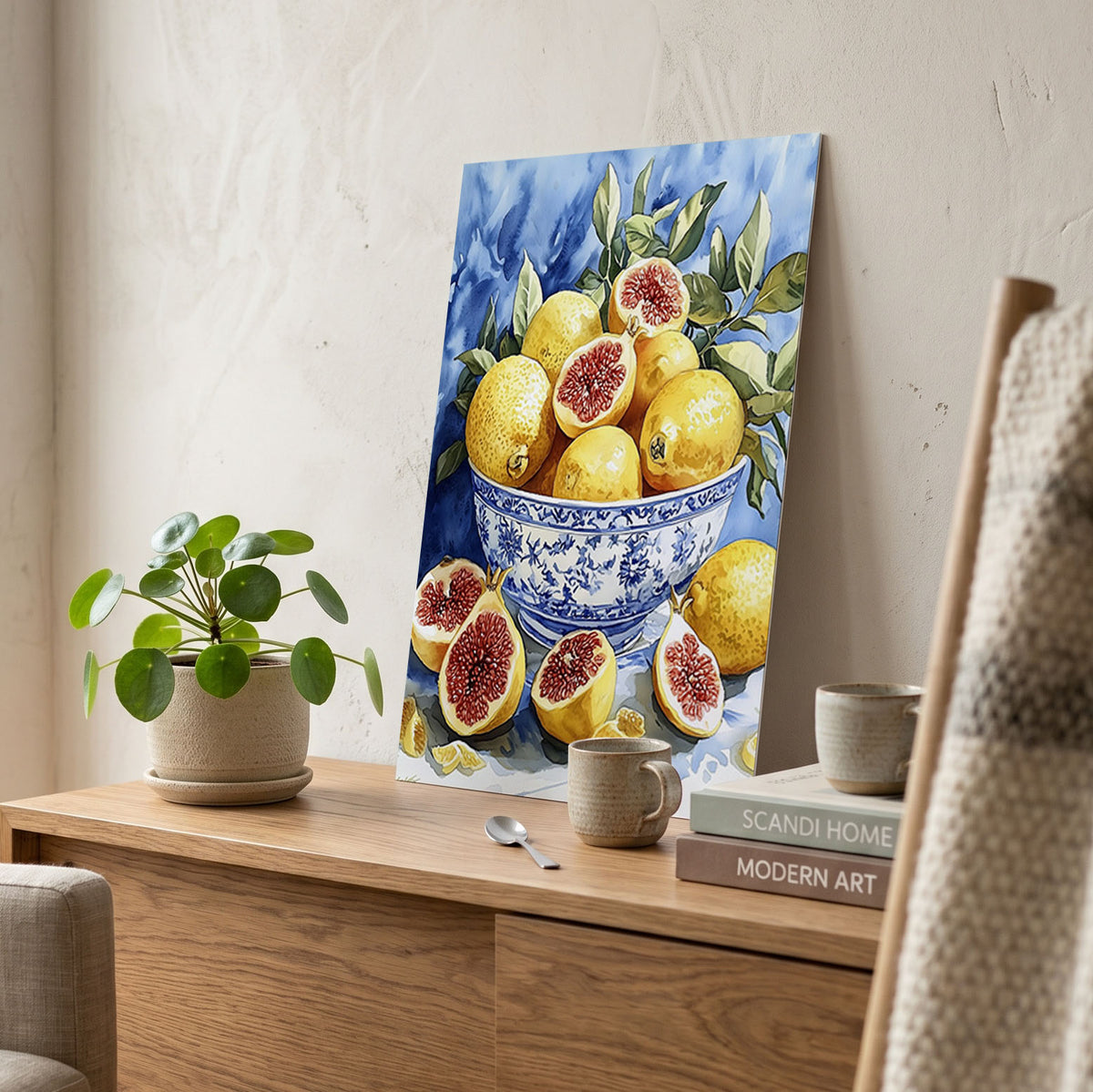 2:3 Poster 4x6 - Still life artwork featuring golden figs and foliage in a hand-painted blue ceramic vessel