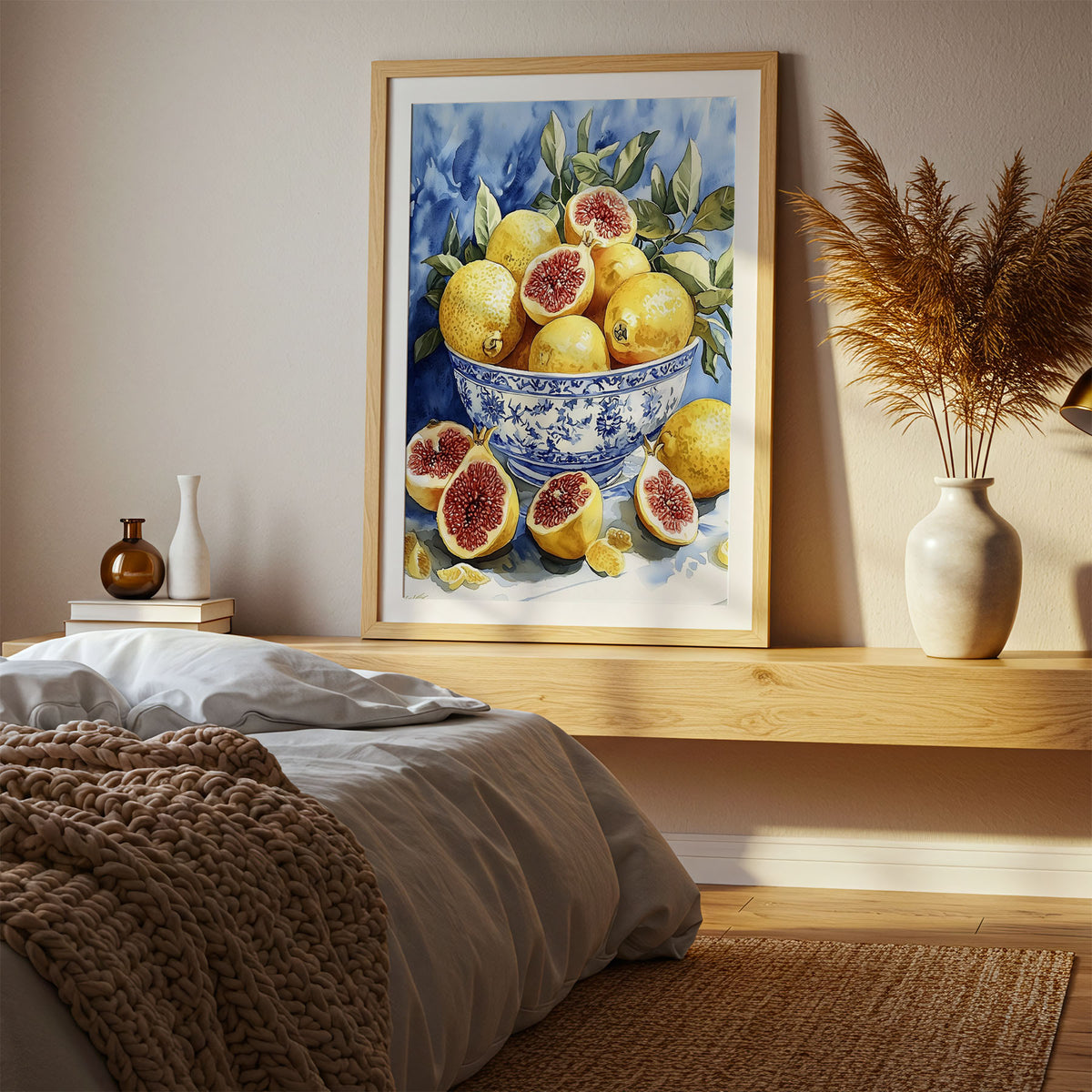 2:3 Poster 4x6 - Cut fig fruits showing deep red centres with whole fruits in a blue patterned porcelain bowl