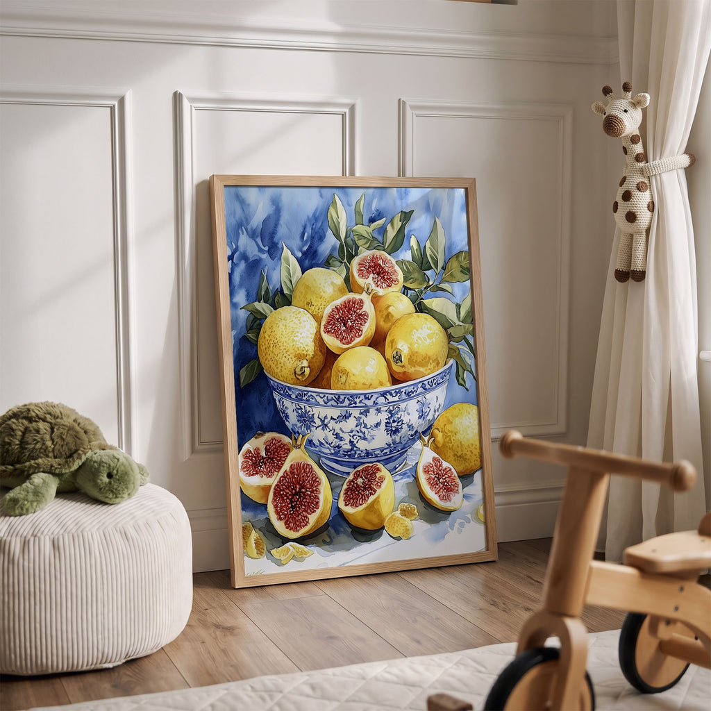 2:3 Poster 4x6 - Mediterranean inspired watercolour of ripe yellow figs with green stems in decorative bowl