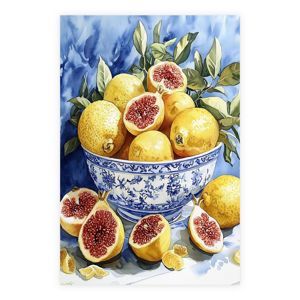 20x30 Poster - Large format yellow figs botanical still life with blue white bowl and soft periwinkle background