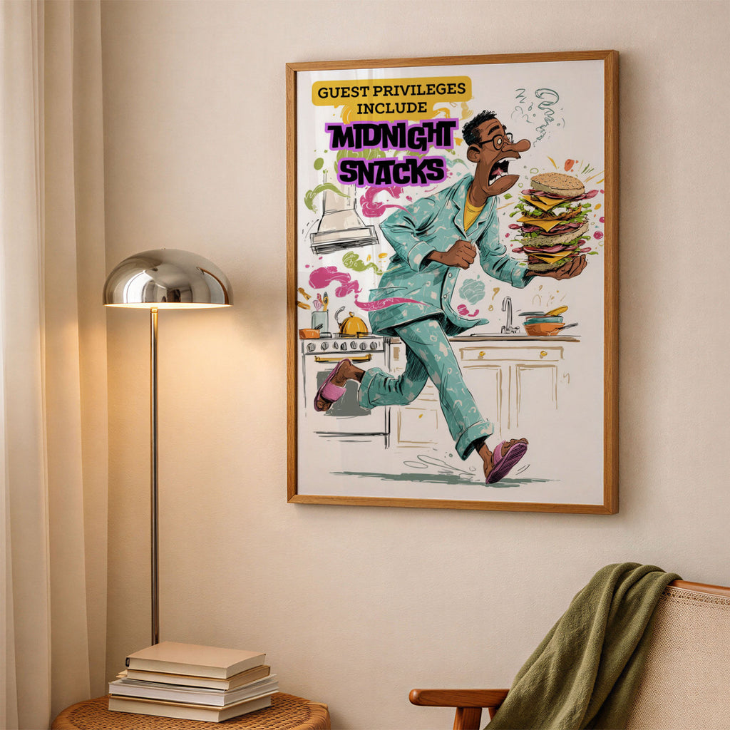 A-Sized Bedroom Portrait - Illustration of man in turquoise suit holding tall sandwich with guest privileges midnight snacks 