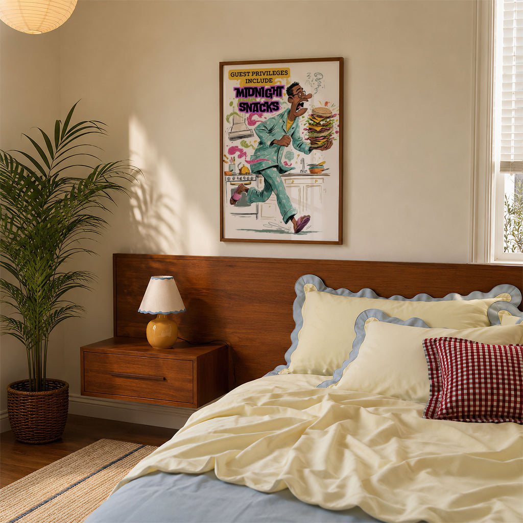 A-Sized Bedroom Portrait - Colourful kitchen humour artwork with man juggling midnight snacks in teal suit