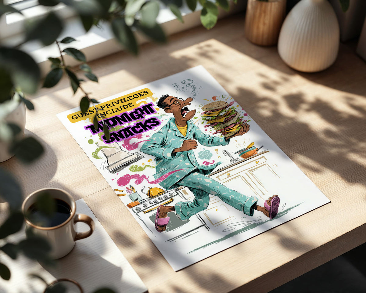 A-Sized Bedroom Portrait - Witty guest privileges poster showing character in kitchen making towering sandwich