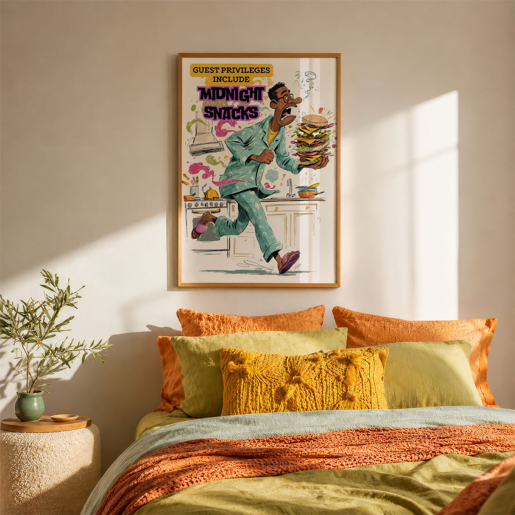A-Sized Bedroom Portrait - Playful illustration featuring turquoise-suited figure and golden midnight snacks text