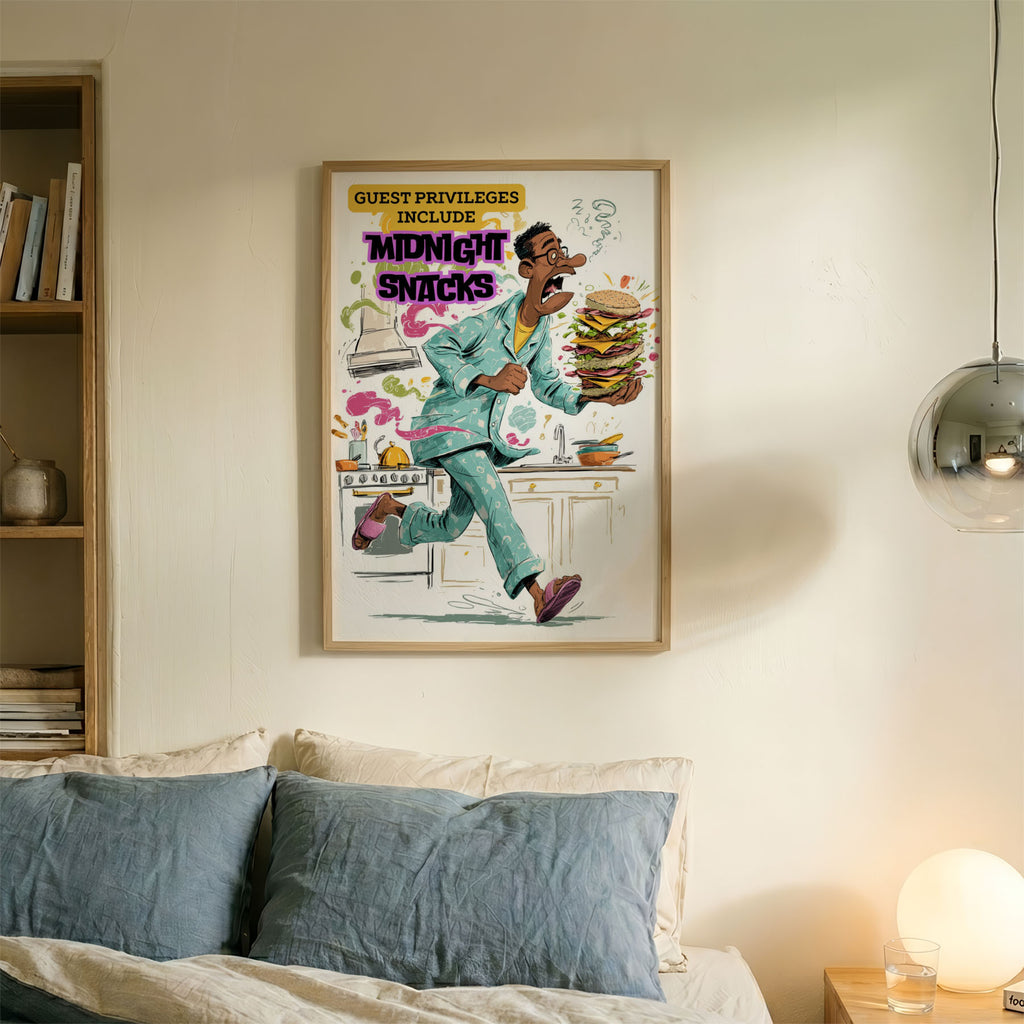 A-Sized Bedroom Portrait - Cheeky kitchen art with vibrant magenta and gold accents and humorous food theme