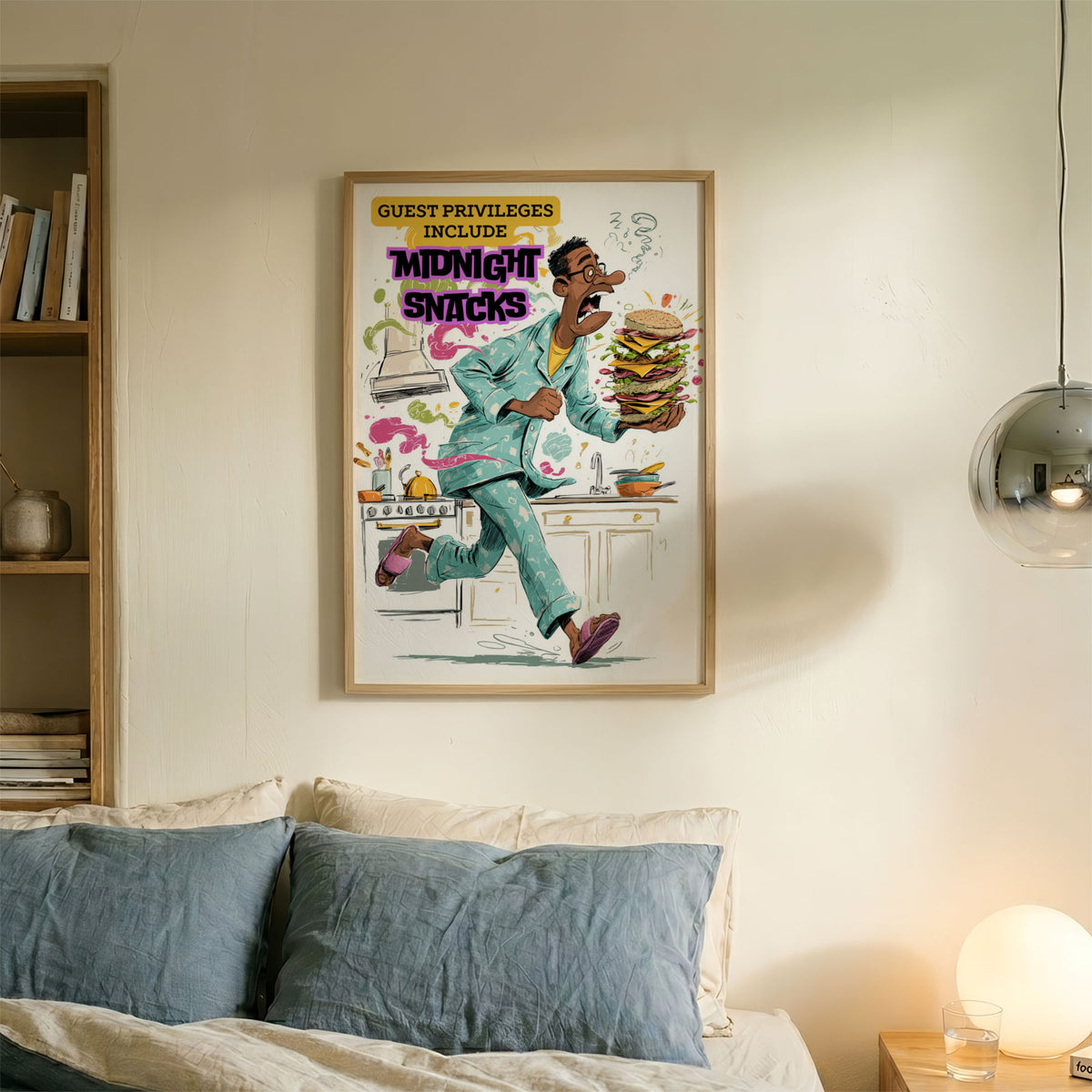A-Sized Bedroom Portrait - Cheeky kitchen art with vibrant magenta and gold accents and humorous food theme