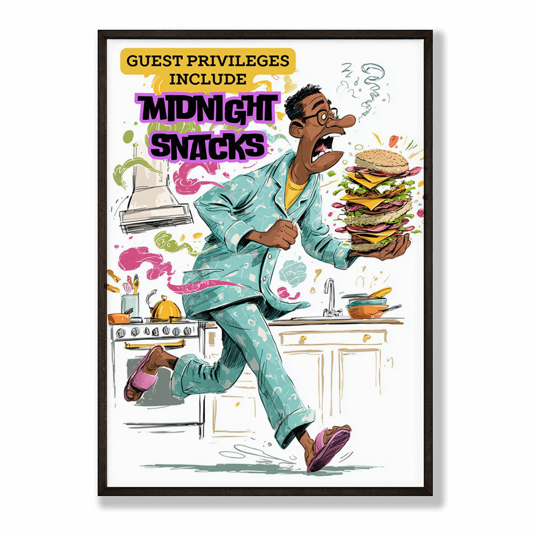 A-Sized Bedroom Portrait - Bold illustrated poster celebrating guest privileges and late-night kitchen adventures
