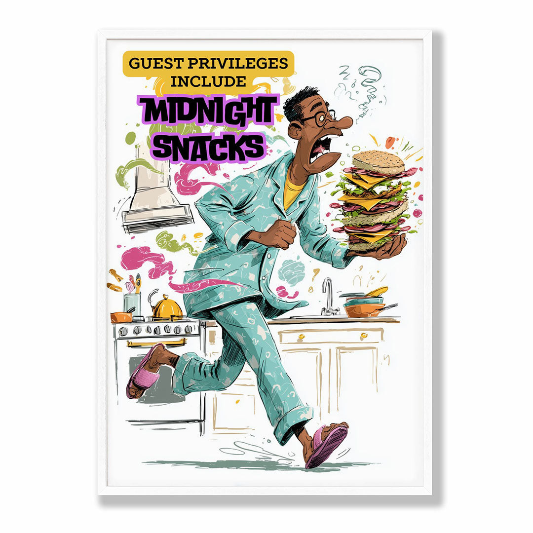A-Sized Bedroom Portrait - Energetic cartoon-style print with man in patterned suit and oversized sandwich art