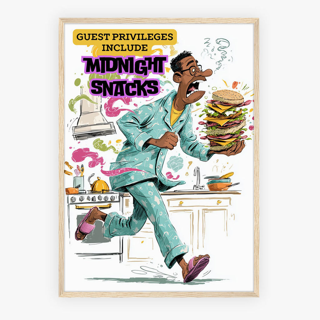 A-Sized Bedroom Portrait - Colourful humorous bedroom poster with kitchen scene and witty guest privileges message