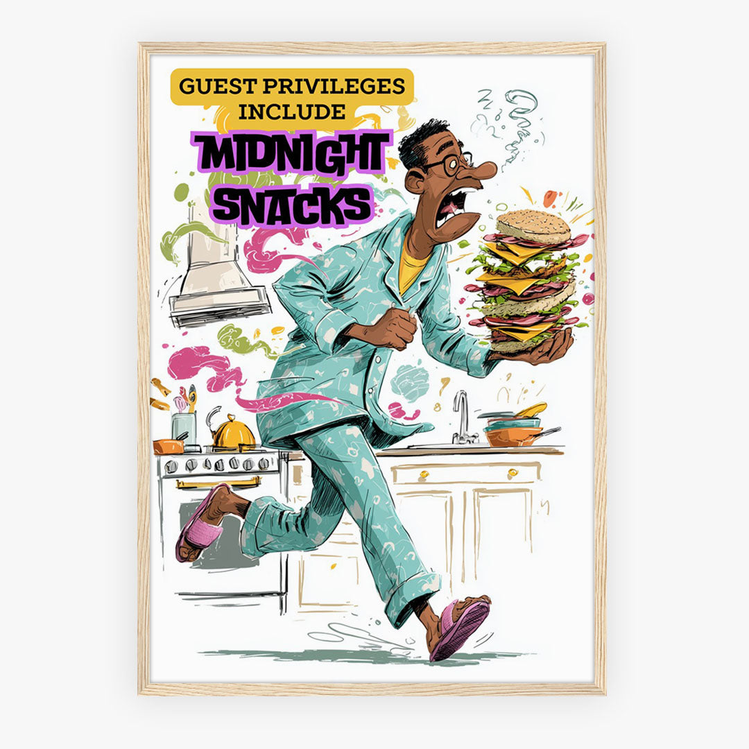 A-Sized Bedroom Portrait - Colourful humorous bedroom poster with kitchen scene and witty guest privileges message