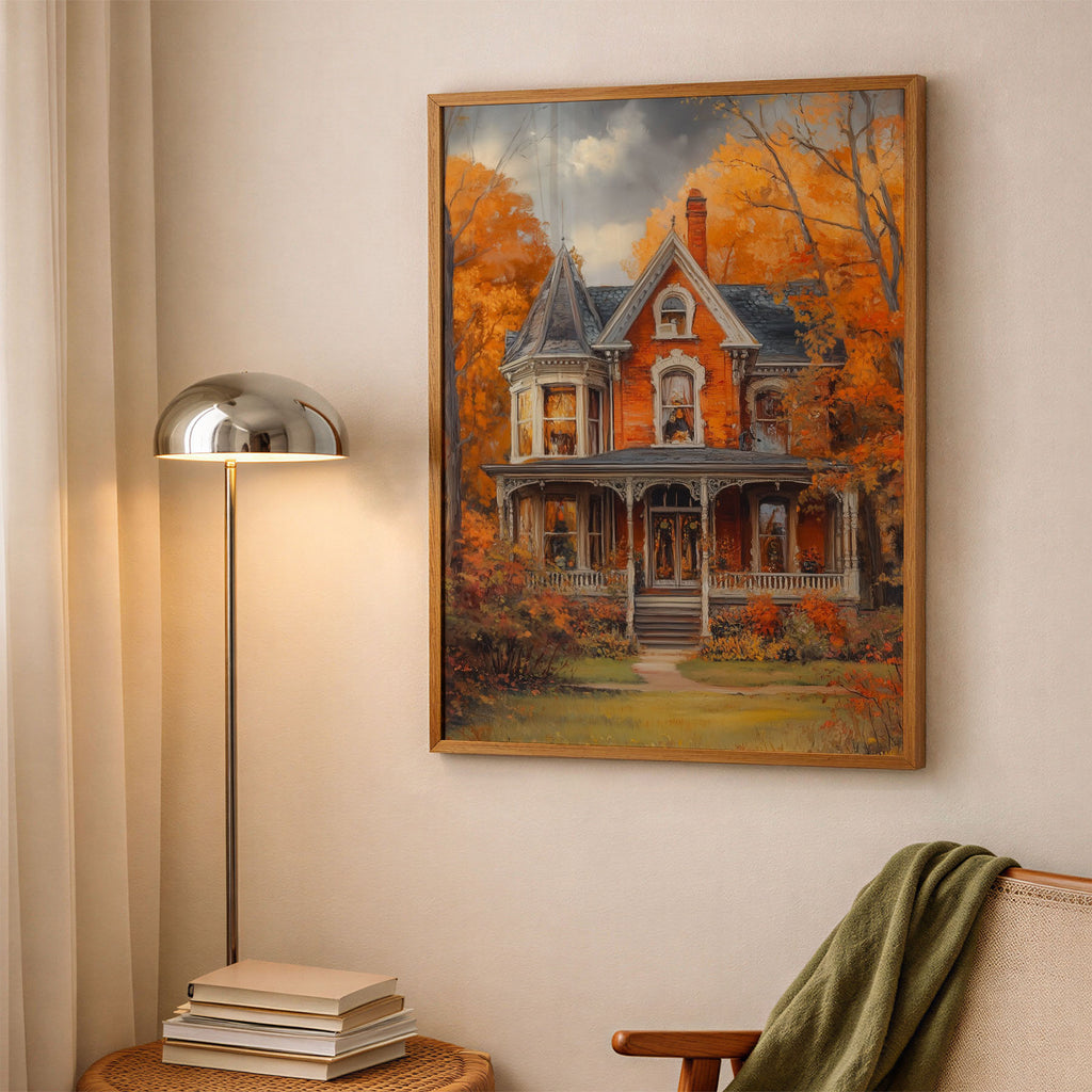 A-Sized Bedroom Portrait - Victorian mansion with red brick and ornate white trim surrounded by golden autumn trees