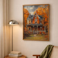 A-Sized Bedroom Portrait - Victorian mansion with red brick and ornate white trim surrounded by golden autumn trees