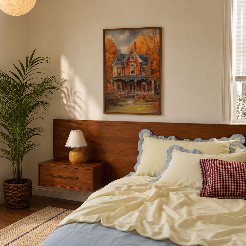 A-Sized Bedroom Portrait - Elegant Victorian house set in a vibrant autumn landscape with orange foliage