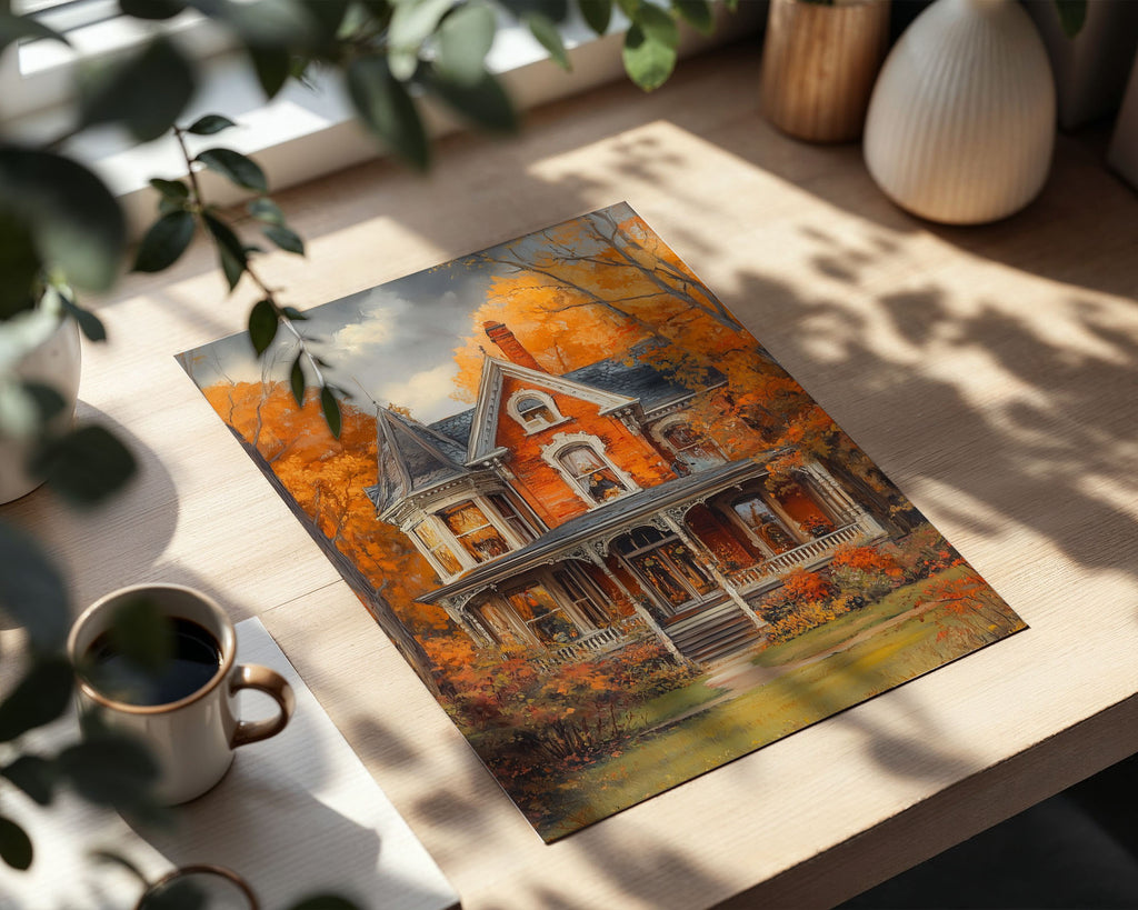 A-Sized Bedroom Portrait - Red-brick Victorian home with turret and porch framed by brilliant golden leaves