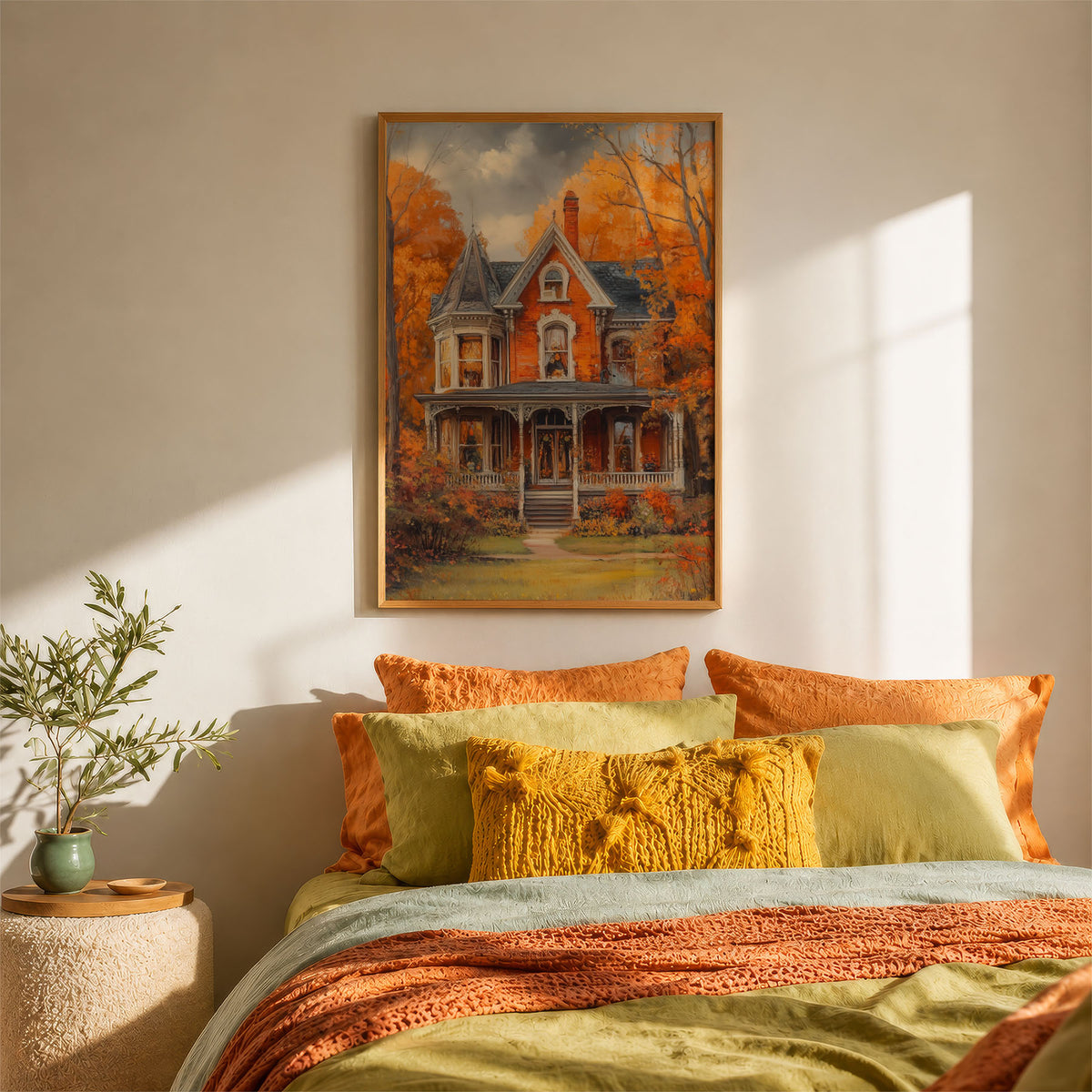 A-Sized Bedroom Portrait - Classical Victorian architecture surrounded by autumn trees in warm orange tones